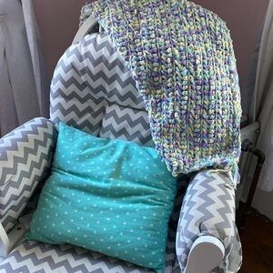 Handmade knitted crocheted baby blanket mint yellow lavender